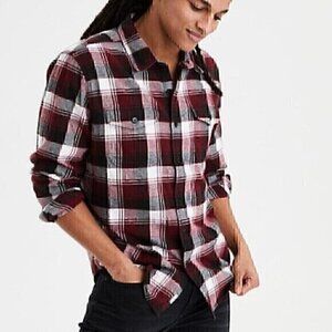 AMERICAN EAGLE Mens Seriously Soft Flannel Burgundy Maroon Red White Black Shirt